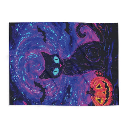 Detailed image of the Decorative and Warm Halloween Spooky Arctic Fleece Blanket featuring a captivating design of a black cat and jack-o'-lanterns, perfect for enhancing festive home decor.