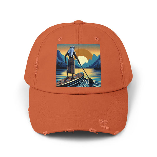 Unisex Distressed Paddleboarders Cap in orange featuring a stunning paddleboarding illustration, a luxury accessory for those who cherish water adventures.