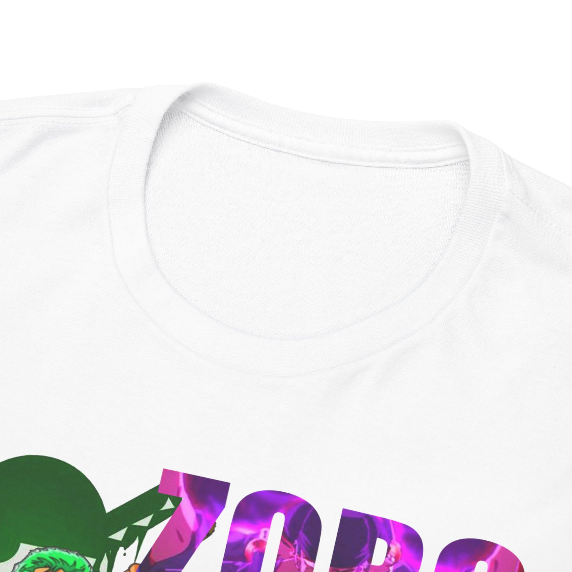 Close-up view of the elegant neckline and vivid graphic design on a Roronoa Zoro t-shirt, showcasing a mix of bold colours.