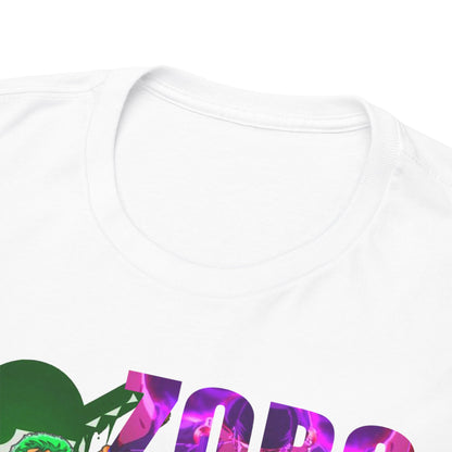 Close-up view of the elegant neckline and vivid graphic design on a Roronoa Zoro t-shirt, showcasing a mix of bold colours.