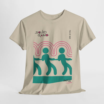 Luxurious beige Squid Game unisex graphic t-shirt featuring a stylish tug-of-war design, combining elegance and streetwear aesthetics for a unique fashion statement.
