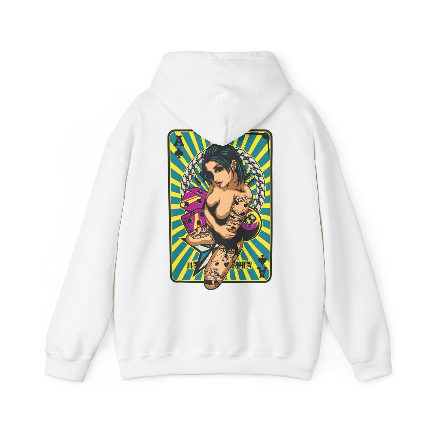 Luxury white hoodie featuring a vibrant back print design of a bold tattooed woman holding playing cards, set against a striking turquoise and yellow striped background.