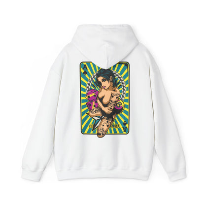 Luxury white hoodie featuring a vibrant back print design of a bold tattooed woman holding playing cards, set against a striking turquoise and yellow striped background.