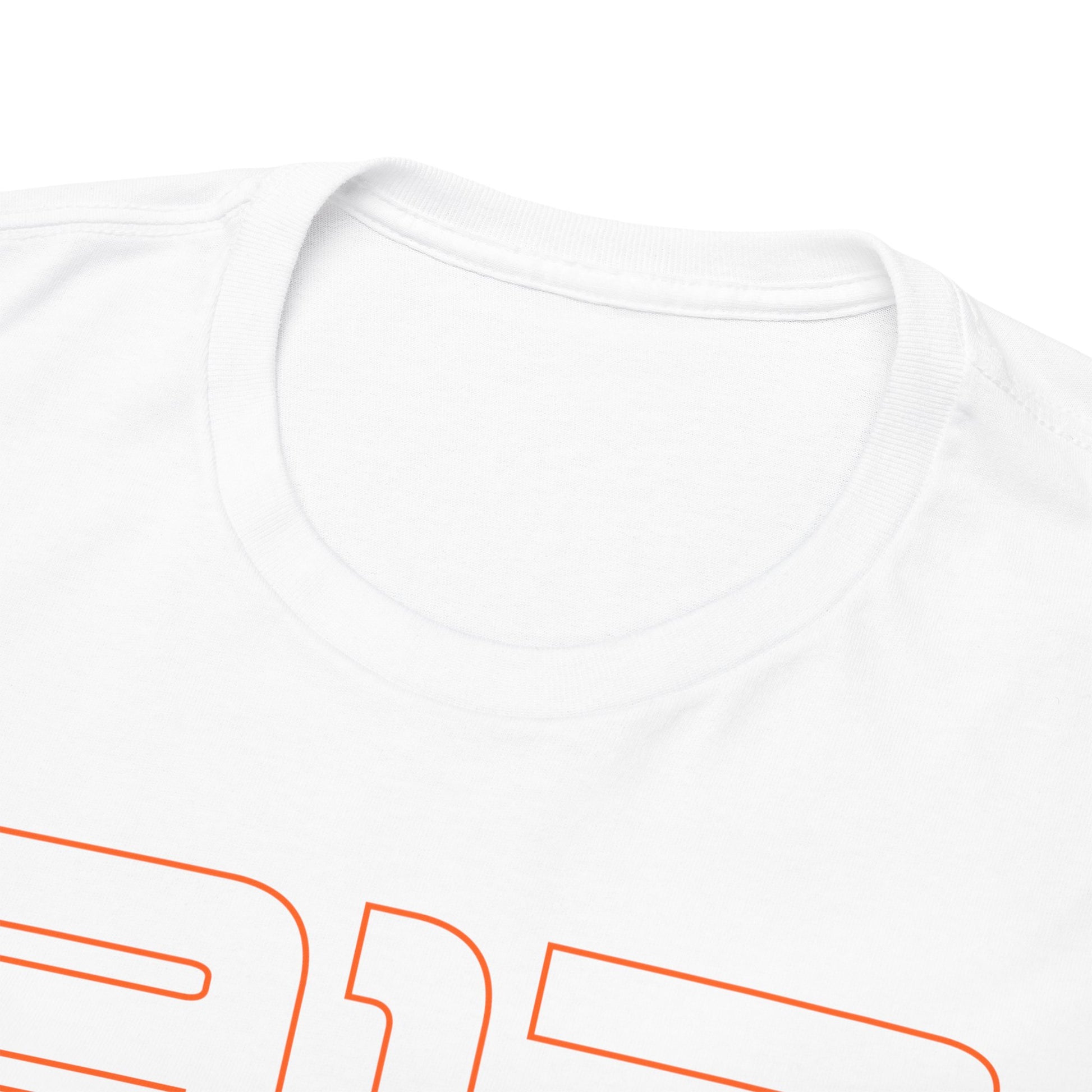 Close-up of the neckline of a premium quality Porsche 917 graphic t-shirt, showcasing a soft white fabric with a bold orange '917' print, ideal for luxury casual wear.