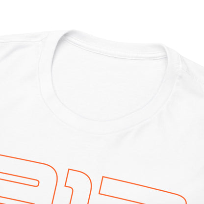 Close-up of the neckline of a premium quality Porsche 917 graphic t-shirt, showcasing a soft white fabric with a bold orange '917' print, ideal for luxury casual wear.