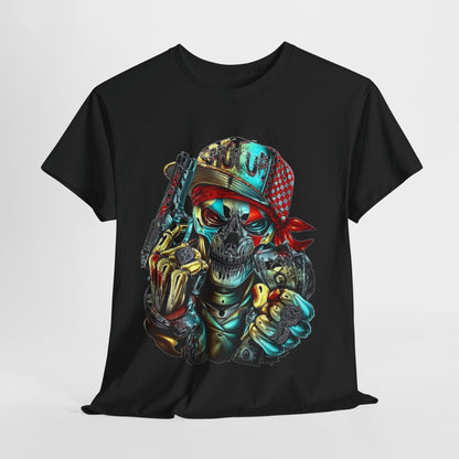 Dramatic display of a black t-shirt showcasing a detailed skull illustration, highlighting a fusion of art and streetwear sophistication.