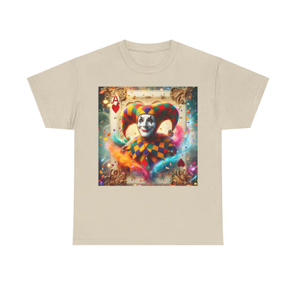 Harlequin Playing Card Graphic Tee in beige, showcasing a colourful jester motif that adds a playful touch to luxury casual wear.