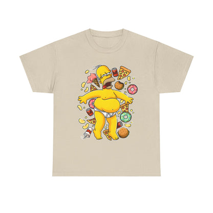 Homer's Gluttonous Glory Unisex Cotton Tee showcasing a playful illustration of Homer Simpson joyfully indulging in food, set against a soft beige background.