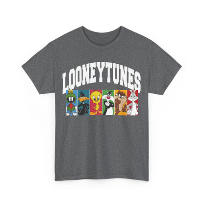 Elegant Looney Tunes Graphic T-Shirt in grey showcasing beloved animated characters arranged in stunning colour panels, an ideal piece for stylish nostalgia.