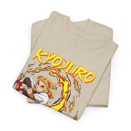 Luxurious Kyojuro Rengoku anime t-shirt showcasing a vibrant flame design, crafted from premium fabric for ultimate comfort, highlighting the iconic character's intense energy.