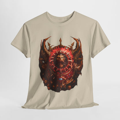 Luxurious beige graphic t-shirt featuring an intricate Warhammer design with a detailed shield and a menacing creature, perfect for stylish fantasy enthusiasts.