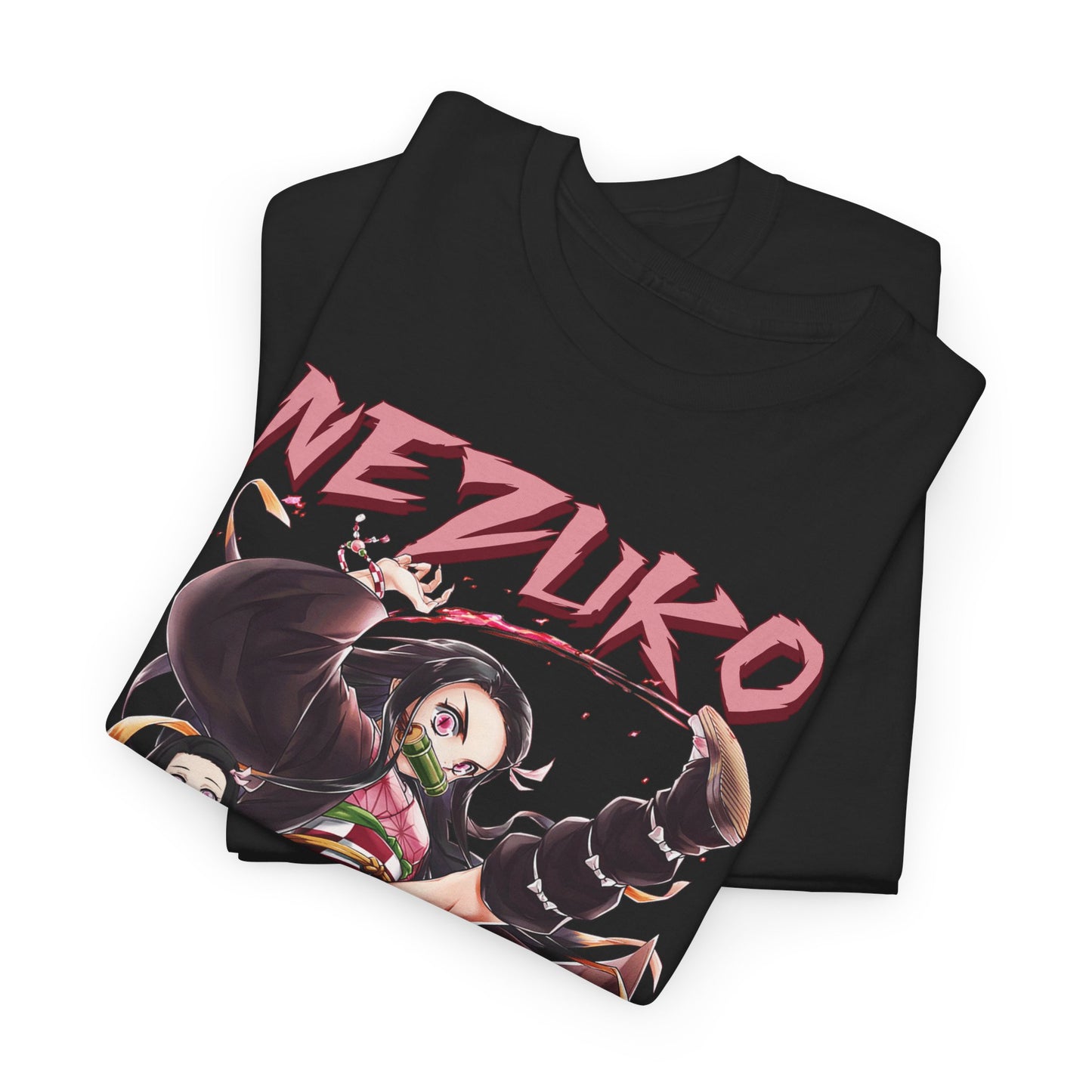 Luxurious folded Nezuko Kamado T-shirt displaying vivid character art, an exquisite addition to any anime lover's wardrobe.