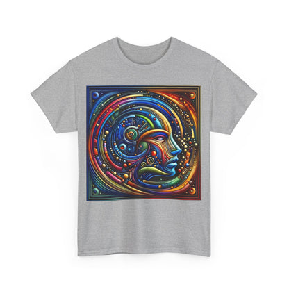 Front view of the Stained Glass Dreams Unisex T-Shirt in grey, adorned with a captivating colourful design of a human face, merging art and fashion.