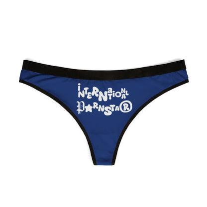 Front view of the luxurious International Star Thong in blue, designed with a bold graphic print, combining style and comfort for the modern woman.