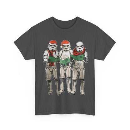 Elegant Carol Singing Stormtroopers Star Wars Graphic T-Shirt, highlighting stylish Stormtroopers in festive attire, a must-have for any discerning fan.