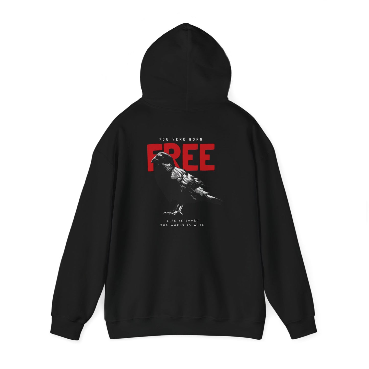 Sophisticated black hoodie featuring a captivating raven graphic and motivational quote, 'LIFE IS SHORT THE WORLD IS WIDE', ideal for inspiring individuality.