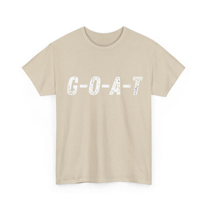 Greatest of All Time GOAT Graphic T-Shirt in a soft beige hue, featuring the iconic G-O-A-T design, merging comfort and style seamlessly for the discerning wearer.