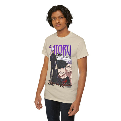 Premium beige Jujutsu Kaisen T-shirt featuring striking artwork of Gojo Satoru, showcasing vibrant purple and black design details, worn by a model.