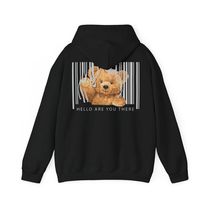 Luxurious black hoodie adorned with a delightful graphic of a teddy bear nestled within a stylish barcode. The inviting smile of the bear contrasts beautifully with the bold design, complemented by the phrase 'HELLO ARE YOU THERE' beneath it.