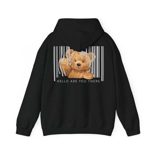 Luxurious black hoodie adorned with a delightful graphic of a teddy bear nestled within a stylish barcode. The inviting smile of the bear contrasts beautifully with the bold design, complemented by the phrase 'HELLO ARE YOU THERE' beneath it.