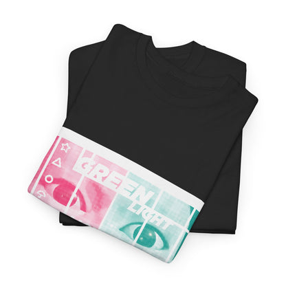 Chic Squid Game Unisex Men's Women's Graphic Cotton Funny T-shirt Tee, stylishly folded to display the eye-catching 'Green Light Red Light' print, perfect for contemporary urban fashion.