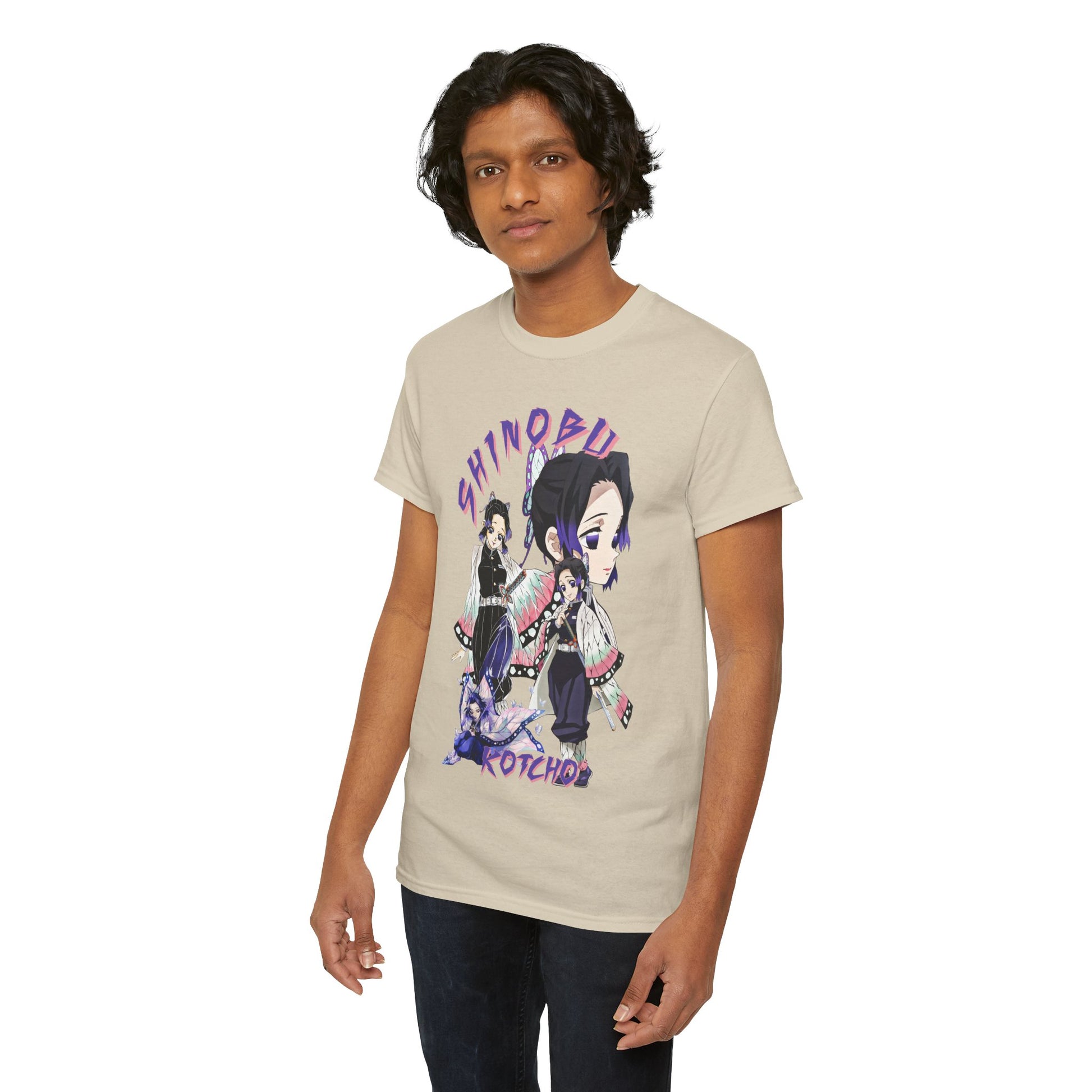 Another male model prominently displaying the Shinobu Kocho T-shirt, capturing the essence of contemporary anime fashion with detailed graphics and a modern fit.
