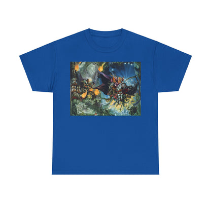 Discworld Mort Graphic Unisex T-Shirt in vibrant blue featuring iconic artwork from the book Mort by Terry Pratchett, crafted from premium cotton for a luxurious feel.