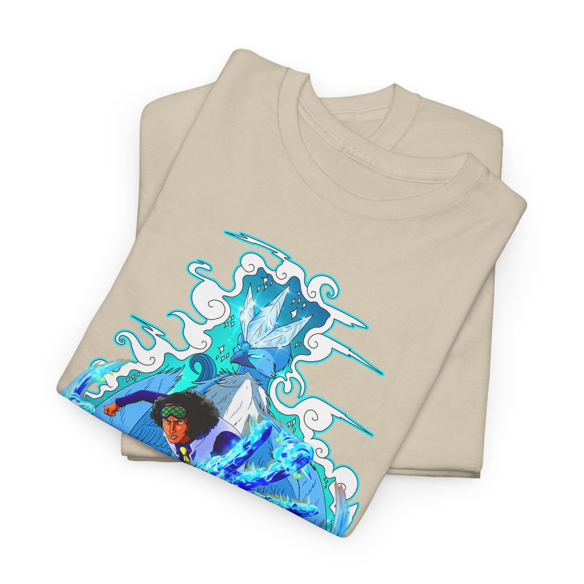 Stylish beige men's t-shirt featuring a bold marine-themed anime design, showcasing vibrant blue graphics and artistic wave patterns, perfect for those who appreciate unique fashion and anime culture.