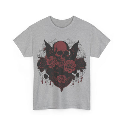 Skulls and Roses Cotton Tee in grey featuring a bold steampunk skull with roses, ideal for those seeking distinctive style.