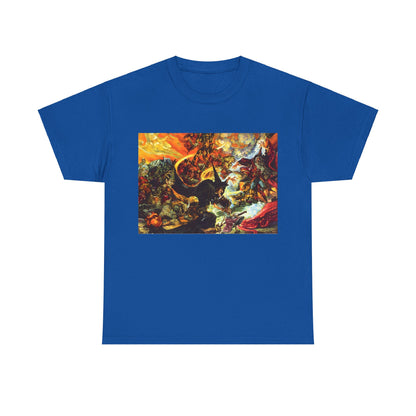 Discworld Equal Rites Graphic Unisex Tee in vibrant blue showcasing a whimsical illustration inspired by Terry Pratchett's work, perfect for literary fans.