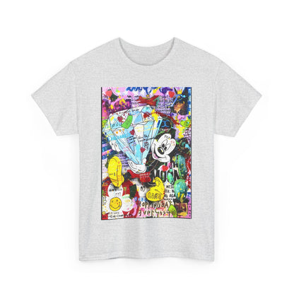 Stylish front view of the Mickey Mouse Graffiti Graphic Unisex T Shirt featuring vibrant, avant-garde graffiti art that combines whimsy with high-fashion aesthetics.