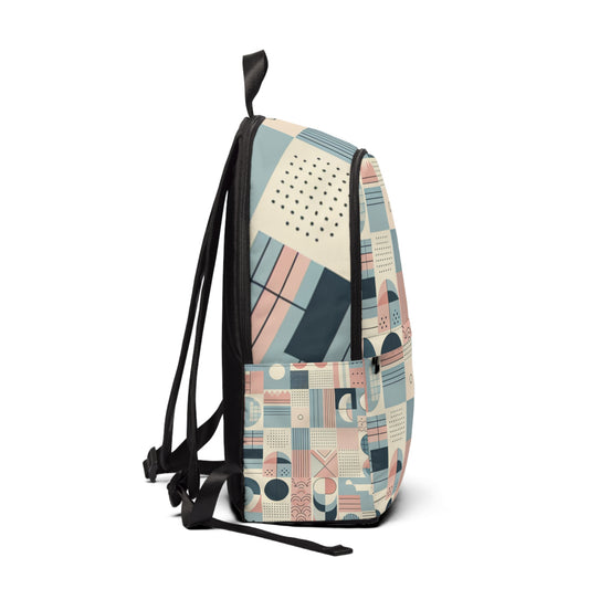 Close-up of Dazzling Dreams Studio geometric patterns on a pastel backpack, showcasing meticulous craftsmanship and stylish organisation.