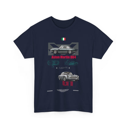 Front view of a luxurious navy men's t-shirt featuring a dynamic Aston Martin DB4 graphic, capturing the essence of automotive elegance.