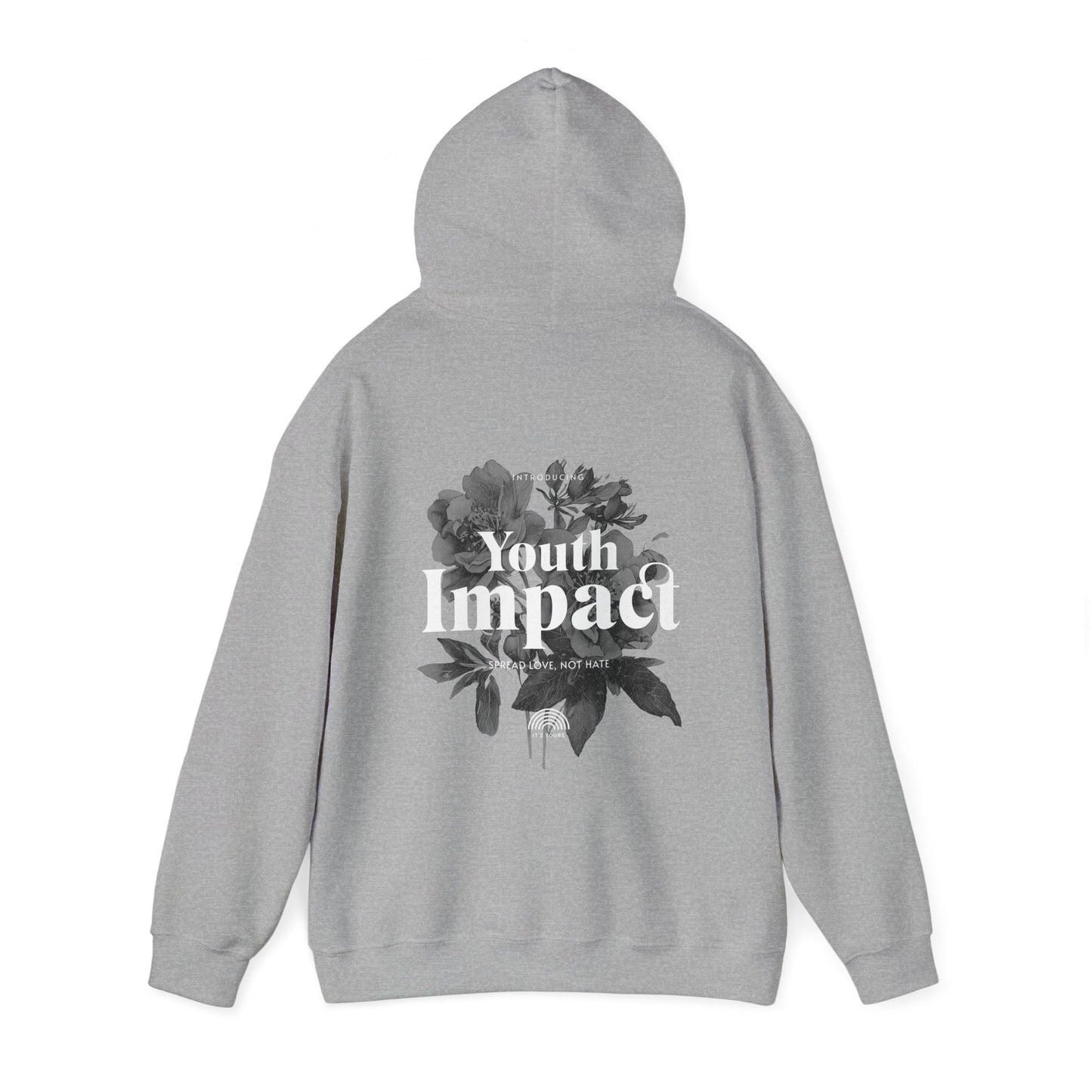 Youth Impact Back Print Hoodie in grey presenting a refined blend of vintage and modern elements with a bold typography statement.