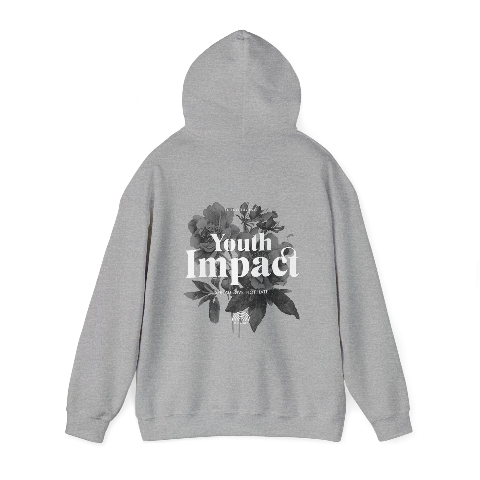 Youth Impact Back Print Hoodie in grey presenting a refined blend of vintage and modern elements with a bold typography statement.