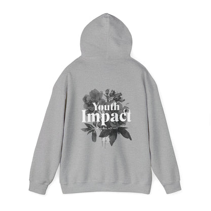 Youth Impact Back Print Hoodie in grey presenting a refined blend of vintage and modern elements with a bold typography statement.