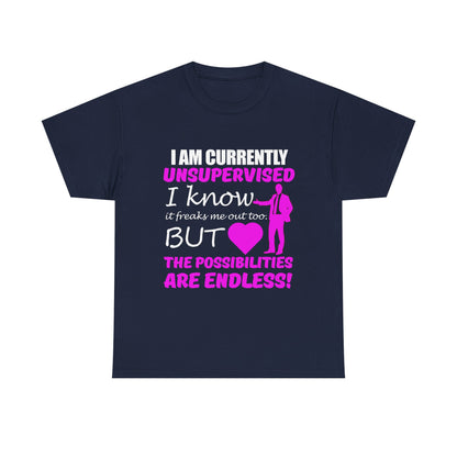 Elegant navy men's t-shirt featuring bold white and hot pink typography proclaiming 'I AM CURRENTLY UNSUPERVISED' alongside a sophisticated silhouette in a suit, designed for fashion-forward individuals.