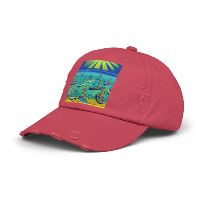 Unisex Distressed Paddleboarders Cap in rich pink, adorned with a colourful paddleboarding illustration, capturing luxury and outdoor elegance.