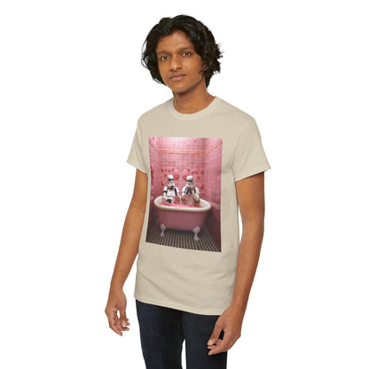 Front view of a premium beige t-shirt showcasing an artistic print of Stormtroopers enjoying a relaxing soak in a pink bathtub, perfect for casual wear.