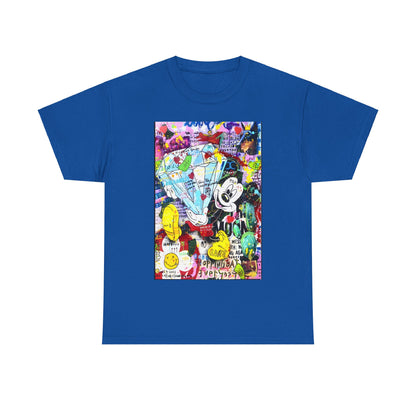 Mickey Mouse Graffiti Graphic Unisex T Shirt Tee in a rich blue hue, featuring a dynamic, artistic representation of a diamond and whimsical characters.