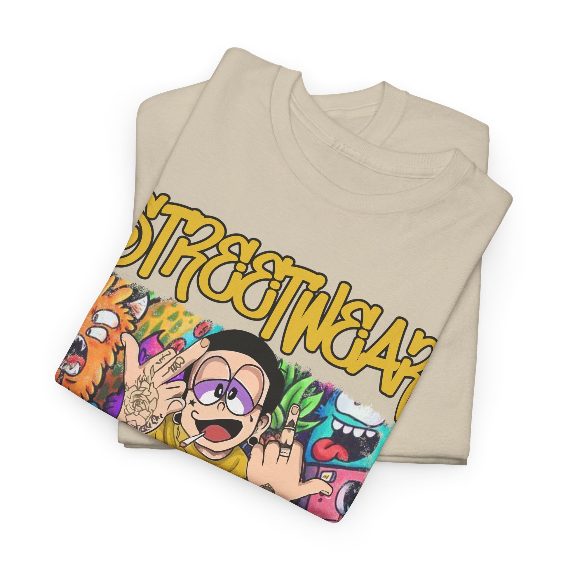 Folded Rebel Vibes T-shirts in a luxurious beige tone, showcasing vibrant graphic prints ideal for trendsetting street fashion.