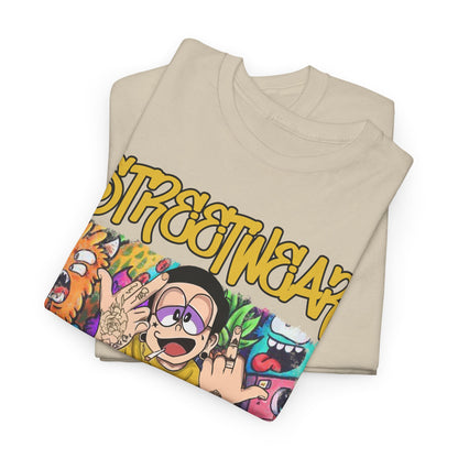 Folded Rebel Vibes T-shirts in a luxurious beige tone, showcasing vibrant graphic prints ideal for trendsetting street fashion.