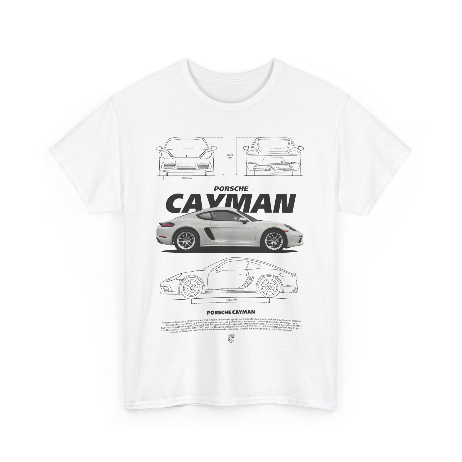 Chic white men's T-shirt with an artistic Porsche Cayman illustration on the front, combining luxury and passion for sports cars.