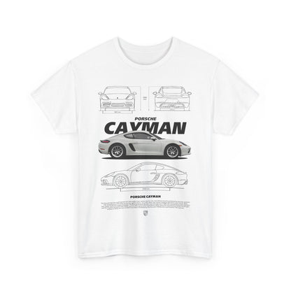 Elegant white men's T-shirt showcasing a detailed graphic of a Porsche Cayman, featuring multiple design views, ideal for car enthusiasts.