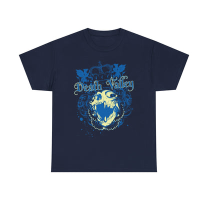 Refined navy t-shirt featuring an exquisite 'Death Valley' skull illustration with ornate detailing and deep blue accents, a quintessential piece for bold elegance.