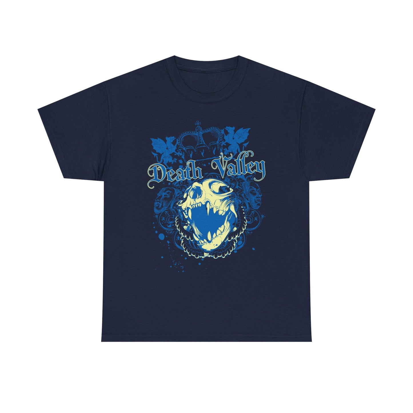 Elegant navy Death Valley Skull T-Shirt showcasing a striking blue skull and crown graphic, ideal for a majestic dark aesthetic.