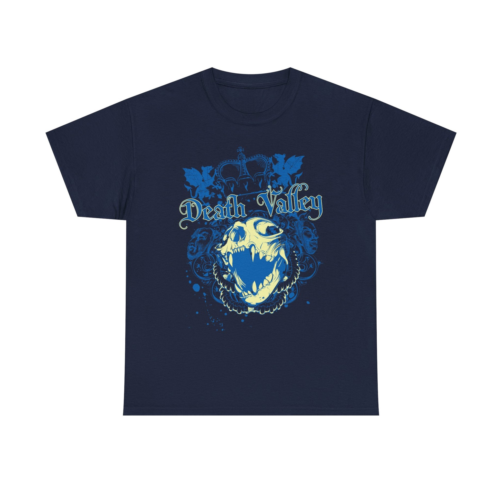 Elegant navy Death Valley Skull T-Shirt showcasing a striking blue skull and crown graphic, ideal for a majestic dark aesthetic.