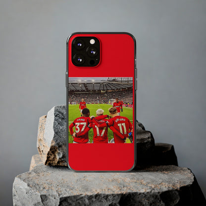 Manchester United Mainoo Garnach Hojlund Soft Phone Case featuring a striking image of fans in red jerseys, perfect for soccer enthusiasts who appreciate elegance and style.
