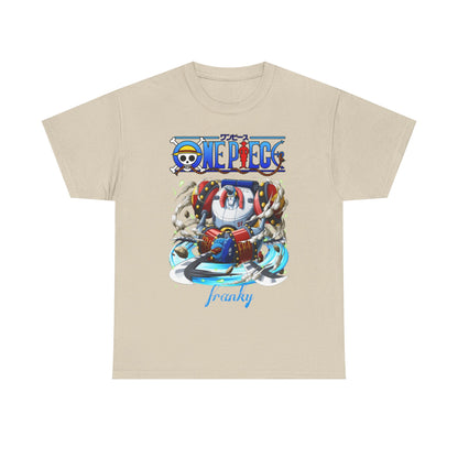 Sophisticated beige One Piece Franky Men's T-Shirt, adorned with a captivating graphic of Franky, a stylish choice for fans of the iconic anime series.