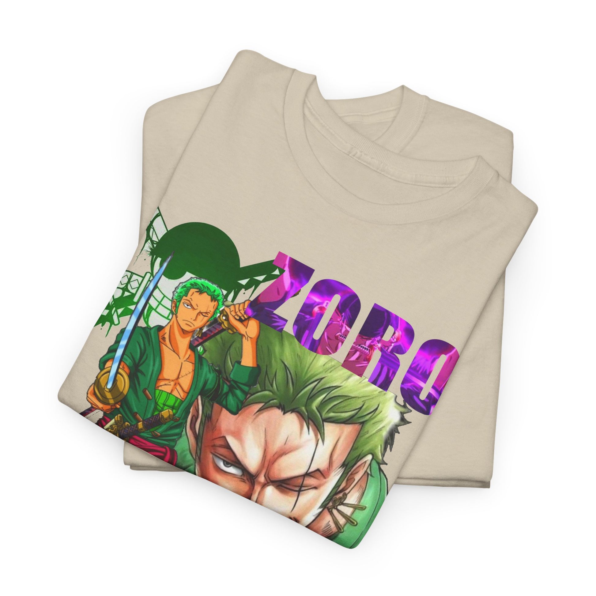 Neatly folded Roronoa Zoro graphic t-shirts displaying vibrant illustrations of the character, crafted for comfort and stylish expression for anime lovers.